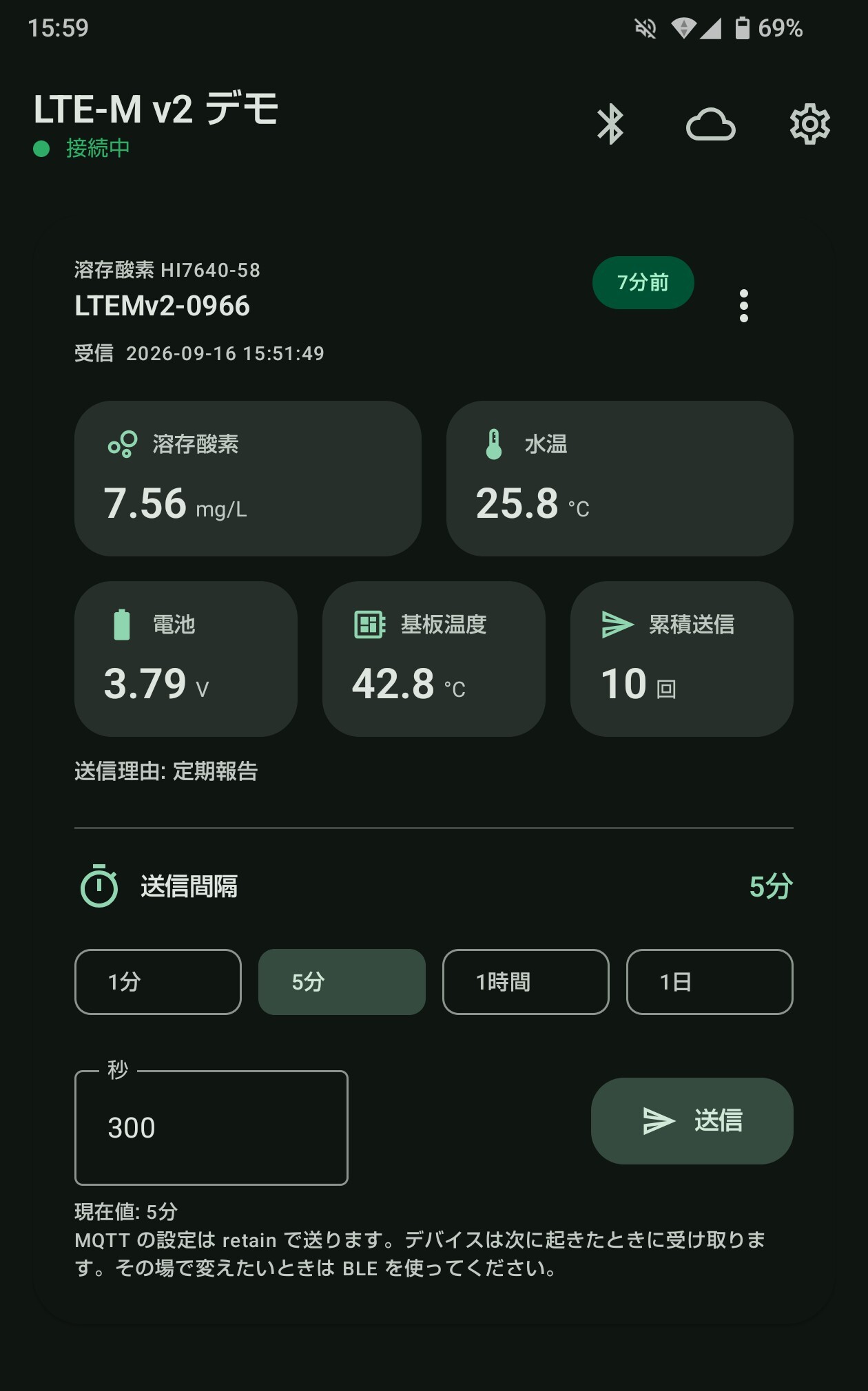 テスト用スマホアプリの受信画面。溶存酸素 7.56 mg/L、水温 25.8℃